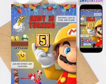 Builder Mario Birthday Invitation Template, Editable Digital Download, Super Mario Bros Racing Party, Photo Invitation, Instant Access