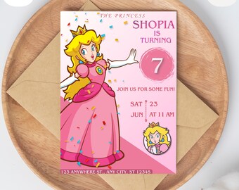 Princess Peach Birthday Invitation Editable, Super Mario Bros Party Template, Digital Canva Download (5 x 7", PDF)