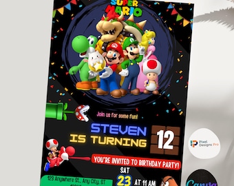 Super Mario Birthday Invitation, Editable Canva Template, Printable Digital Invite, Custom Mario Party Download, instant download, Videogame