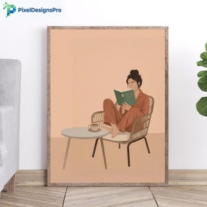 Minimalist Woman Reading Wall Art: Terracotta Linen Pajamas, Rattan Armchair, Cozy Boho Nook decor, Bookish Aesthetic, Digital Art Print