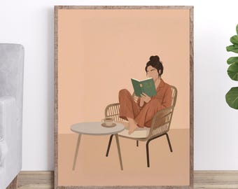 Minimalist Woman Reading Wall Art: Terracotta Linen Pajamas, Rattan Armchair, Cozy Boho Nook decor, Bookish Aesthetic, Digital Art Print