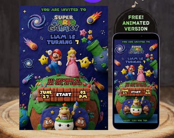 Galaxy Adventure Birthday Invitation, 3D Claymation Style, Editable Mario Invite Kids, Video Game Birthday Party, Mario Party,Editable Canva