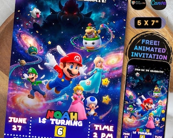 Mario Galaxy Birthday Invitation, Editable Canva Template, Galactic Space Birthday Party Invite, Bowser Backside Design, Digital Download