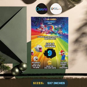 May include: A colorful Super Mario Galaxy movie-themed birthday party invitation. The invitation features a vibrant rainbow background with characters from the movie. The text includes the name "Liam", the age "9", and event details. The invitation is 5x7 inches.