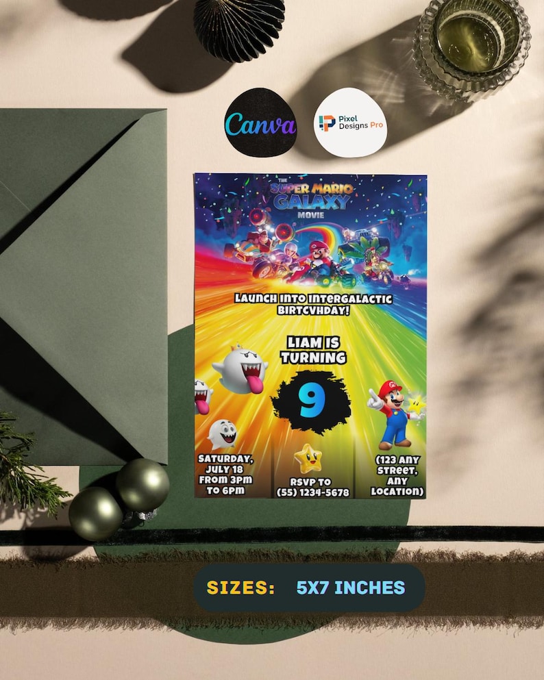 May include: A colorful Super Mario Galaxy movie-themed birthday party invitation. The invitation features a vibrant rainbow background with characters from the movie. The text includes the name "Liam", the age "9", and event details. The invitation is 5x7 inches.