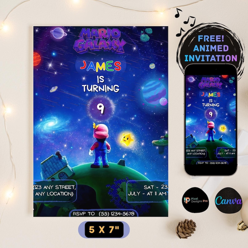 Inbjudan till födelsedag med Super Mario Galaxy-tema, himmelsblå, redigerbar Canva-mall (5 x 7 tum), Mario och planeter, animerad inbjudan, bros. bild 1