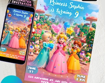 Invitation d'anniversaire Princesse Peach, Rosalina et Daisy, invitation animée, modèle Canva d'invitation vidéo pour mobile, téléchargement instantané