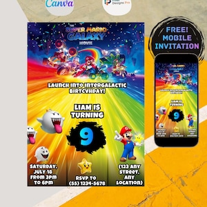 Mario Galaxy Movie Birthday Invitation, Editable in Canva, Instant Download, Super Mario 2026 Film Party Invite, Digital Galactic Video Game image 1