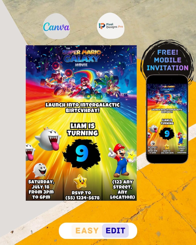 Mario Galaxy Movie Birthday Invitation, Editable in Canva, Instant Download, Super Mario 2026 Film Party Invite, Digital Galactic Video Game image 1