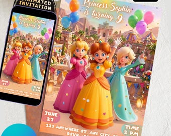 Einladung zum Geburtstag von Prinzessin Daisy, animierte Mario-Prinzessin-Einladung, bearbeitbare Canva-Vorlage, Einladung zu Peach Daisy und Rosalina, Mädchenparty