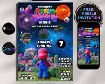Mario Galaxy Movie Birthday Invitation, Editable in Canva, Instant Download, Galactic Party Invite Animated, Digital Galactic Video Game