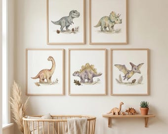 Décoration murale bohème pour chambre d'enfant : 5 illustrations aquarelles de dinosaures, tons neutres, téléchargement numérique instantané.