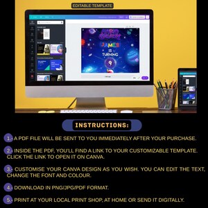 Inbjudan till födelsedag med Super Mario Galaxy-tema, himmelsblå, redigerbar Canva-mall (5 x 7 tum), Mario och planeter, animerad inbjudan, bros. bild 5