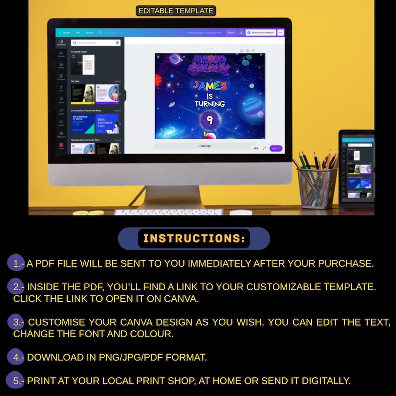 Inbjudan till födelsedag med Super Mario Galaxy-tema, himmelsblå, redigerbar Canva-mall (5 x 7 tum), Mario och planeter, animerad inbjudan, bros. bild 5
