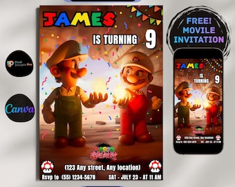 Super Mario galaxy movie themed birthday invitation, fire mario and luigi, editable Canva template 5 x 7, Invite Animated, super mario bros.