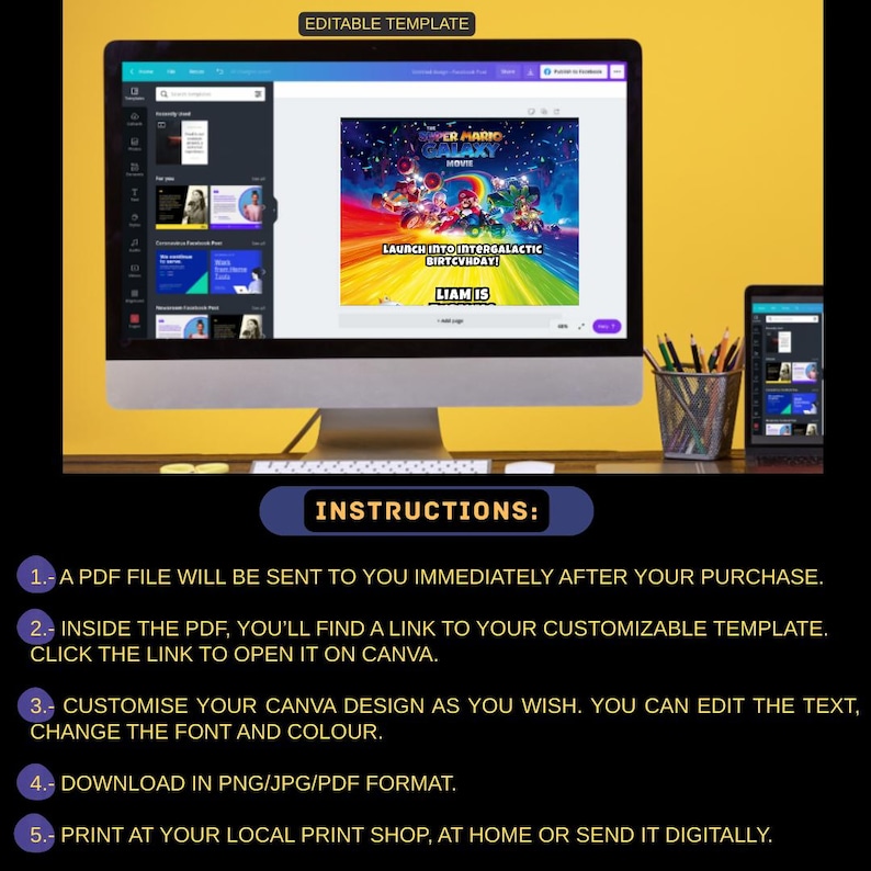 Mario Galaxy Movie Birthday Invitation, Editable in Canva, Instant Download, Super Mario 2026 Film Party Invite, Digital Galactic Video Game image 6