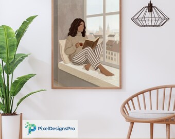 Gemütliches Wandbild „Lesende Frau am Fenster“: Minimalistischer Buchkunstdruck, ästhetisches Porträt einer gesichtslosen Leserin, Dekoration für Zuhause oder Büro, digitaler Download