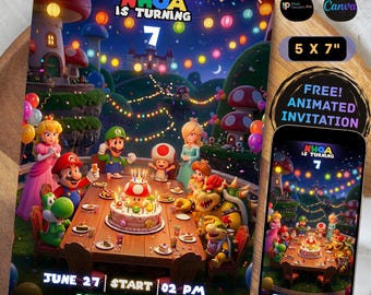 Super Mario Birthday Invitation with Backside and Animated Video, Super Mario Bros Party Invite Template, Editable in Canva,Instant Download