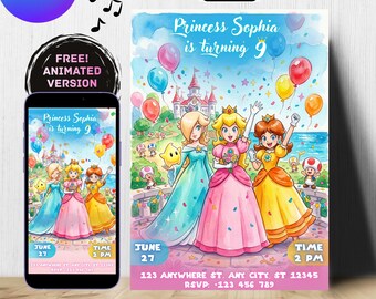 Princess Peach Birthday Invitation Template, Editable Canva Video Invite, Watercolor Princess Peach Party Decor,Girl Birthday Digital Invite