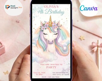 Animated Unicorn Video Invitation, Magical Watercolor Unicorn Birthday Invite, Rainbow and Gold Stars Invitation, Editable Canva Template