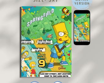 The Simpsons themed birthday invitation, editable Canva template (5 x 7", PDF), Springfield, Homer, Bart, lisa.