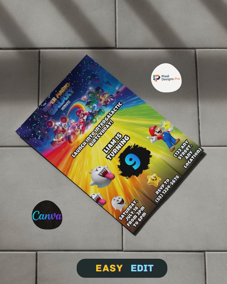 May include: A colorful Super Mario Galaxy movie-themed birthday party invitation. The design features Mario characters, the text "Liam is turning 9", and event details. The invitation is on a gray tiled surface.
