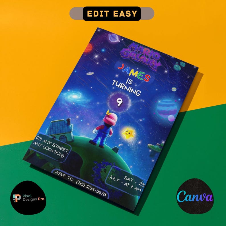 Inbjudan till födelsedag med Super Mario Galaxy-tema, himmelsblå, redigerbar Canva-mall (5 x 7 tum), Mario och planeter, animerad inbjudan, bros. bild 3