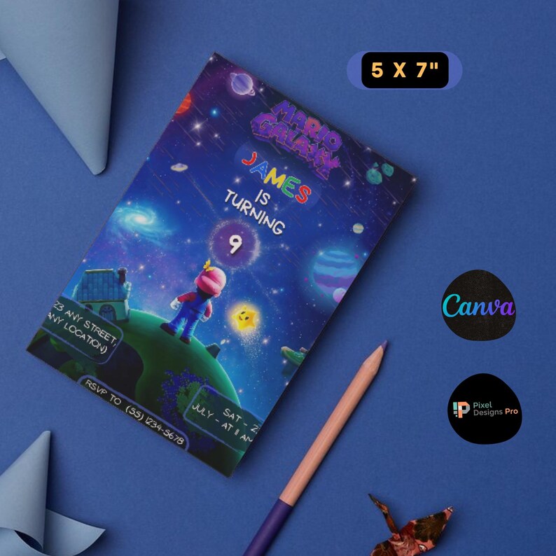 Inbjudan till födelsedag med Super Mario Galaxy-tema, himmelsblå, redigerbar Canva-mall (5 x 7 tum), Mario och planeter, animerad inbjudan, bros. bild 4