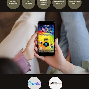 May include: A smartphone displays a colorful Super Mario-themed birthday invitation. The invitation features the text "LAUNCH INTO INTERGALACTIC BIRTHDAY!" and "LIAM IS TURNING 9." Additional text includes "INSTANT DOWNLOAD," "TEXT EDITABLE," and "DIGITAL ITEM ONLY."