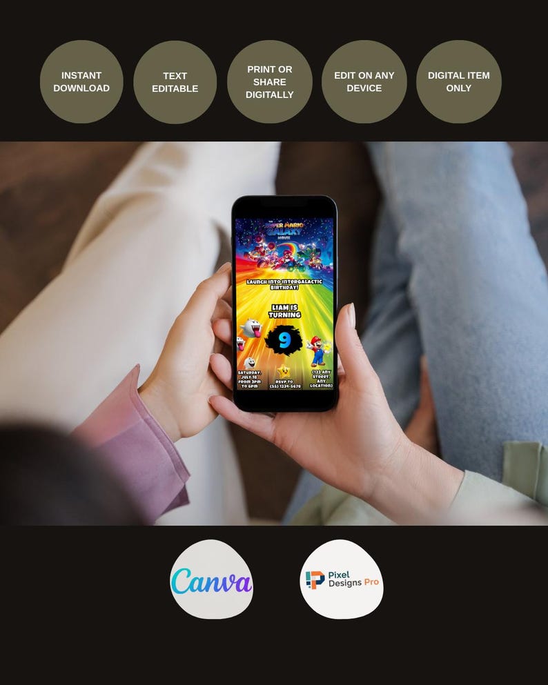 May include: A smartphone displays a colorful Super Mario-themed birthday invitation. The invitation features the text "LAUNCH INTO INTERGALACTIC BIRTHDAY!" and "LIAM IS TURNING 9." Additional text includes "INSTANT DOWNLOAD," "TEXT EDITABLE," and "DIGITAL ITEM ONLY."
