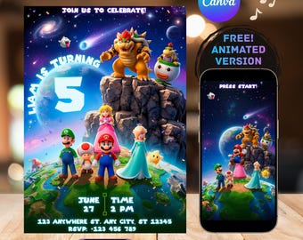 Super Mario Galaxy Birthday Invitation, Editable in Canva, Mobile Video Invite & 5x7 Printable, Galaxy Space Party Decor, Instant Download