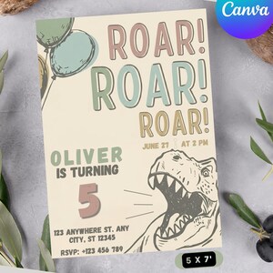 Modern Earth Tone Dinosaur Birthday Invitation, Clean Sketch T-Rex Invite, Minimalist Muted Colors Boy 5th Birthday, Editable Canva Template