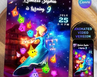 Princess Rosalina Birthday Invitation, Super Mario Galaxy Theme Digital Printable, Editable Canva, Princess and Lumas, animated video invite