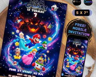 Mario Galaxy Birthday Invite, Space Adventure Invitation Template, Editable Canva Design, Mario and Friends Party, Instant Access Invite