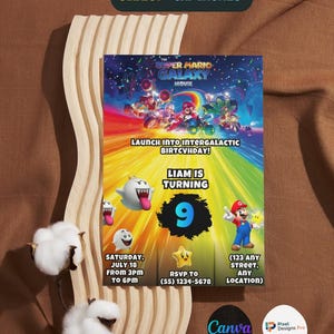 May include: A 5x7 inch Super Mario Galaxy movie-themed birthday party invitation. The design features Mario, Luigi, and other characters against a colorful galaxy backdrop. The invitation includes the text "Liam is turning 9" and party details.