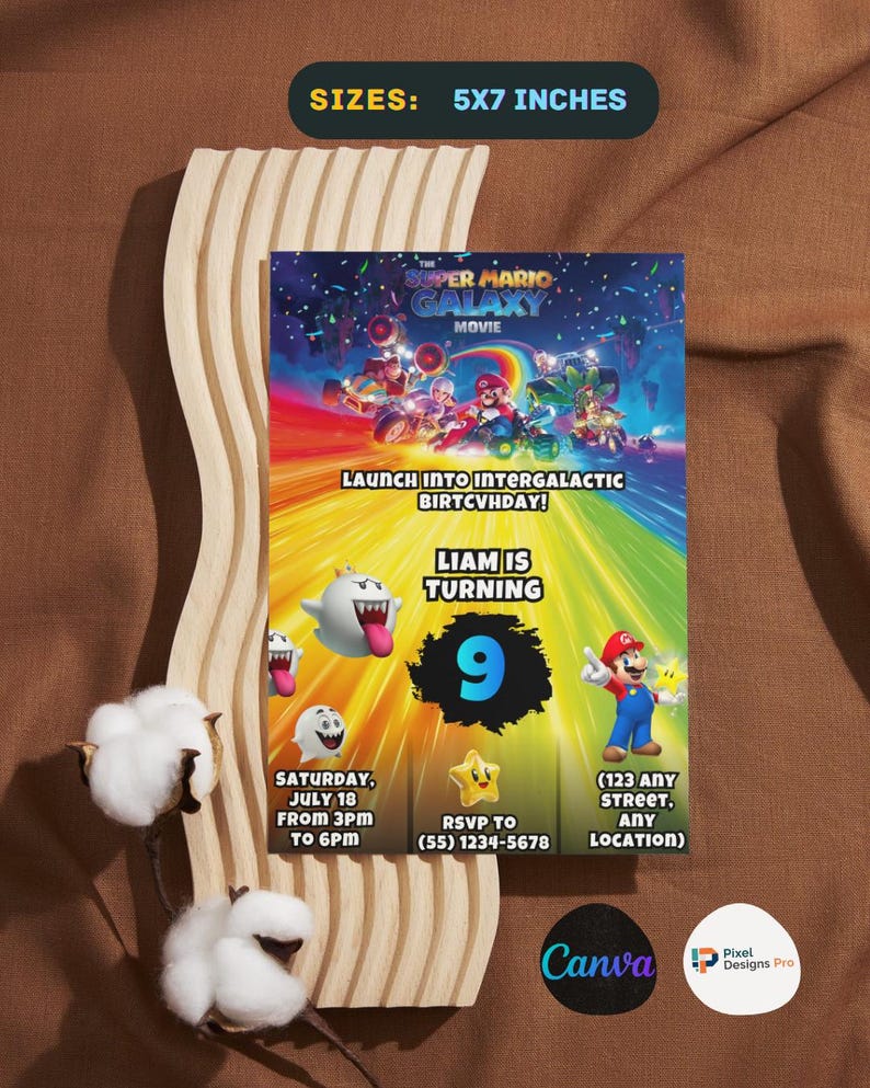 May include: A 5x7 inch Super Mario Galaxy movie-themed birthday party invitation. The design features Mario, Luigi, and other characters against a colorful galaxy backdrop. The invitation includes the text "Liam is turning 9" and party details.