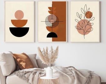 Abstract Mid Century Modern Wall Art Set of 3, Boho Terracotta Prints, Minimalist Geometric Wall Decor, Botanical Line Art, Digital Art