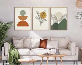 Set of 3 Boho Wall Art Prints, Mid Century Modern Gallery Wall Decor, Sun and Mountains, Minimalist Art, Printable Digital Abstract Art