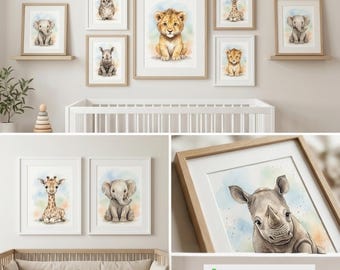 Safari Baby Animal Prints Set of 5, Watercolor Nursery Wall Art, Jungle Animal Nursery Decor, Baby Boy Girl Room Decor, Digital Download