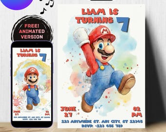 Invitation d'anniversaire Mario Bros aquarelle, invitation vidéo animée, invitation mobile Canva modifiable, décoration de fête Super Mario, pour enfants