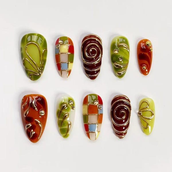 Green Plaid Nails/Spring Dreamy Press on nails long almond nails/Brown Nails/3D Gold Chrome nails/Garden Nails/Swirl nails/Custom nails