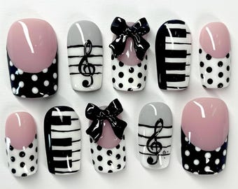 Musical Piano Press On Nails, 3D Bow Coquette Nail Art