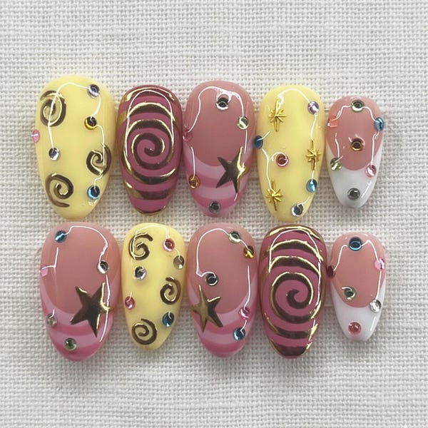 Celestial Star Press On Nail, Handmade Gold Chrome Swirl Nails, Cute Retro Nail Art