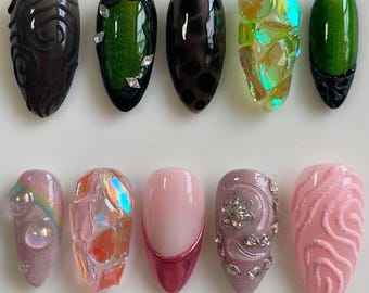 Emerald Green & Pink Press-On Nails | Wizard Castle Nail Set