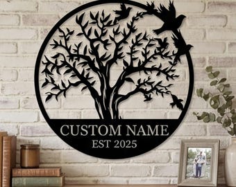 Gepersonaliseerde familienaambord, aangepaste decoratie levensboom, est jaar metal art, uniek jubileumcadeau, decor kunst aan de muur, eerste cadeau huis