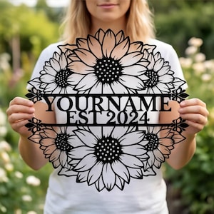 Sunflower Metal Wall Art, Personalized Floral Wedding Wreath, Botanical Custom Family Name Sign, Boho Garden Decor, Keepsake Gift