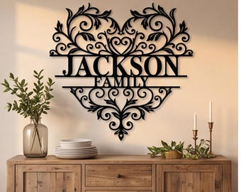 Custom Family Name Heart Sign, Personalized Metal Floral Wall Decor, Elegant Entryway Surname Plaque, Romantic Wedding Anniversary Gift