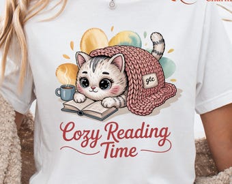 Cozy Cat Reading PNG, Crochet Blanket, Book and Coffee (Digital Download)