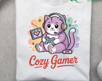 Cozy Gamer Faux Yarn Cat PNG, Kawaii Gaming Kitty T Shirt Sublimation Digital Download