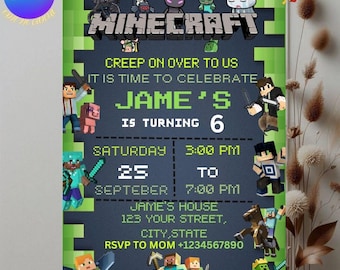 Editierbare Pixel-Geburtstagseinladung | Gamer Party Canva Vorlage | Block-Party-Digital-Karte | Jungen Minecraft-Stil einladen